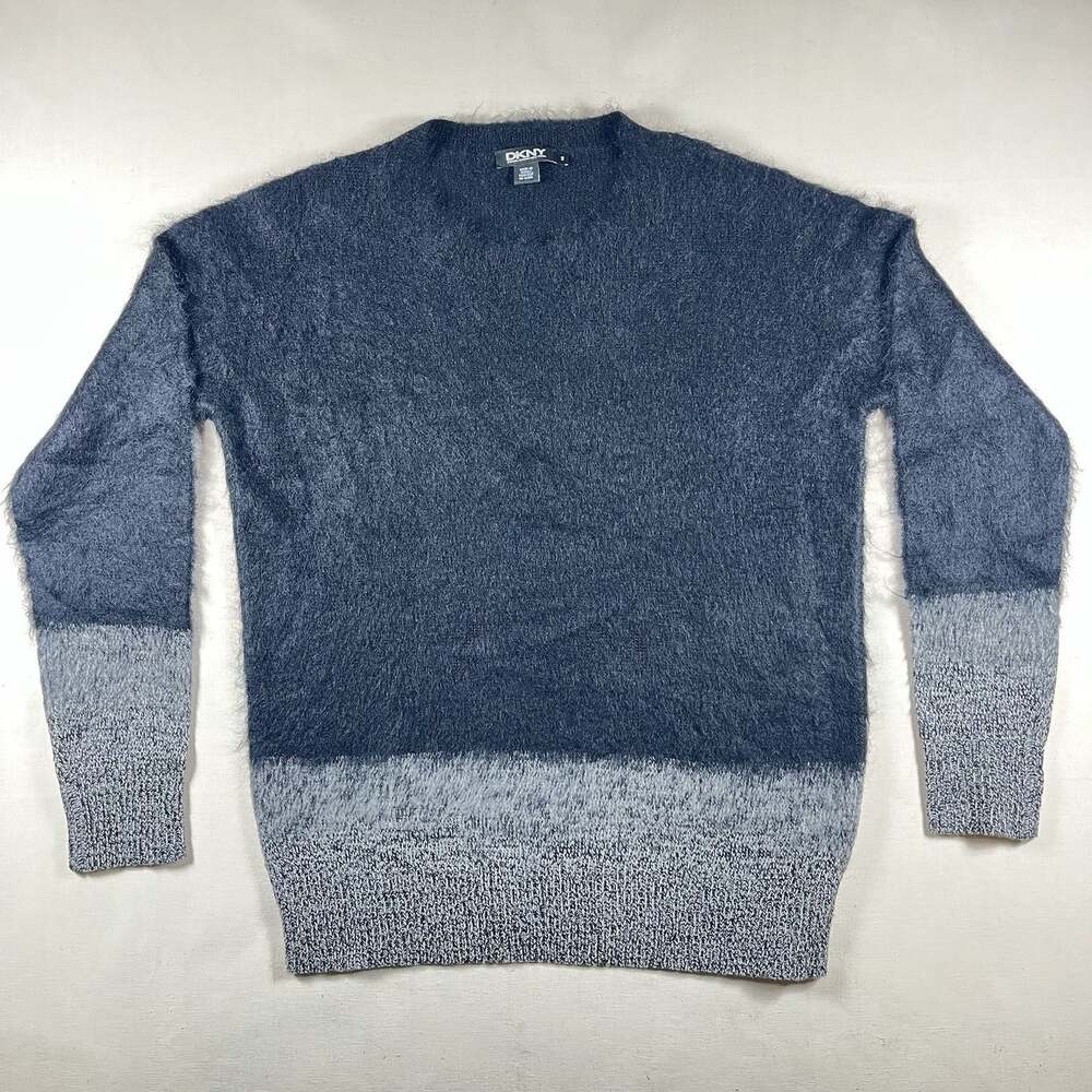 DKNY Women's Fuzzy Mohair Blend Sweater Size S Blue Gray Colorblock Pullover